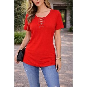 New York Laundry Women Red Lace Up Short Sleeve Casual T Shirt Top Size L